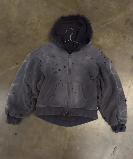 High Quality Vintage Washed Heavyweight Retro Street Style Hooded Sweatshirt for Men, Torn Oversized Grid Hooded Jacket