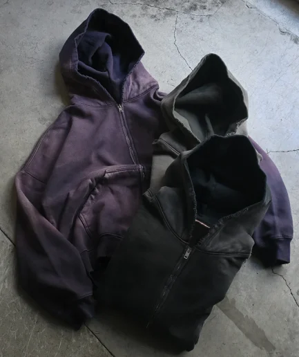 Plus Size Streetwear Heavyweight Autumn Hooded Jacket, Blank Full Retro Pickled Vintage Men's Hooded Sweatshirt