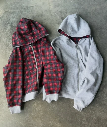 Loose square Fitting Heavyweight Acid Washed Vintage Reversible Jacket Men's Checkered Hoodie