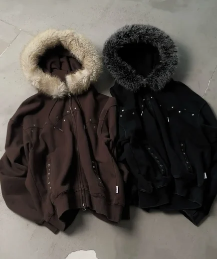 Fleece Hoodie With Fur Hood Vintage Oversized Cotton Men's Vintage Detachable Collar Zip up Faux Fur Hoodie