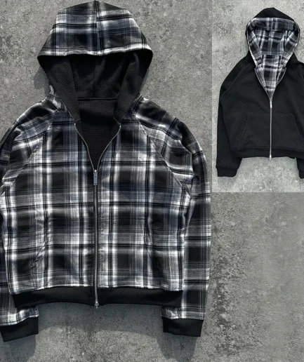 Heavyweight Loose square Acid Washed Vintage Reversible Jacket for Men Checkered Hoodie for Street Wear Hooded Jacket