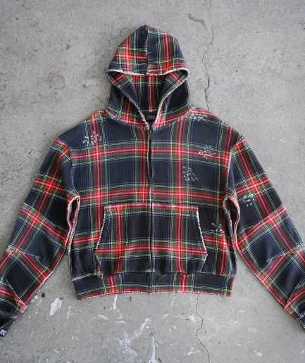 Pickled Distress Old Waffle Jacket with Color Block Zipper, Short Men's Plaid Flannel Hooded Sweatshirt