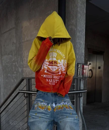 Huili Retro Washed Distressed Anti Color Hoodie Men's Printed Oversized Fit Zipper Sundried Rhinestone Hoodie