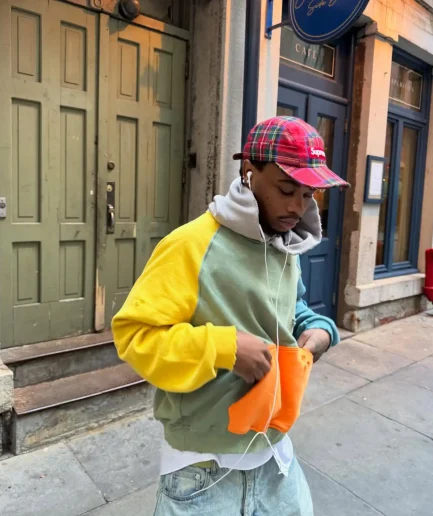 New Design Color Block Splicing Broken Hole Hoodie Vintage Washed Men's Waffle Knitted Hoodie