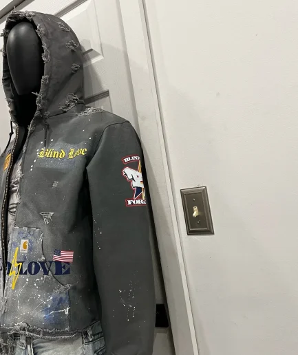 Zipper Tear Open Sun Fading Embroidery Print Retro Distressed Vintage Pickled Hoodie Splashed Paint Street Hoodie