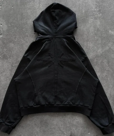 Heavyweight Cut Hoodie Punk Style Full Zipper Hoodie Street Style square Zipper Patchwork Hoodie Solid Color