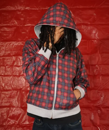 Heavyweight Baggy Boxy Fit Heavyweight Acid Wash Distressed Reversible Jacket Men's Check Plaid Hoodie