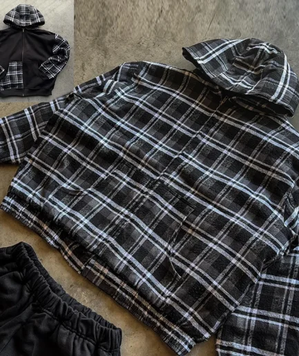 Clothing French Terry 100% Cotton Plaid Zipper Hoodie Design Patchwork Color Block Hoodie for Men